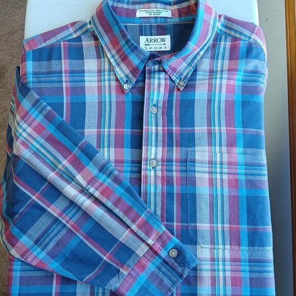 Arrow Sport Vintage 80s Primary Color Plaid Shirt XL long sleeve button-up - Picture 14 of 14